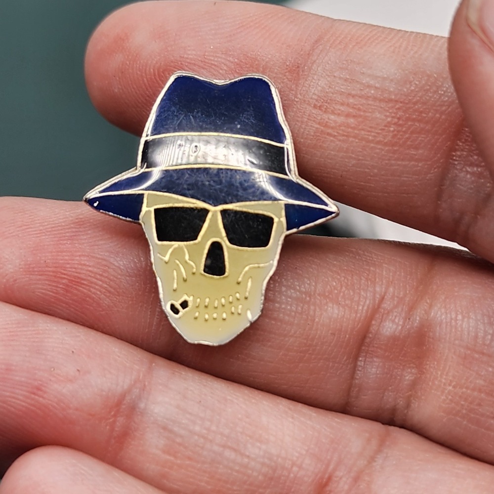 Prashant West Indies Inc Skull Fedora Sunglasses Enamel Lapel Pin Blue Black